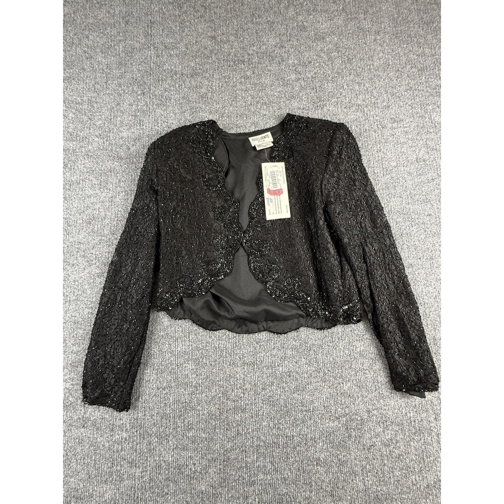 VTG Brilliante By J.A. Jacket Womens Petite P/P Black Beaded Lace Front Sequin